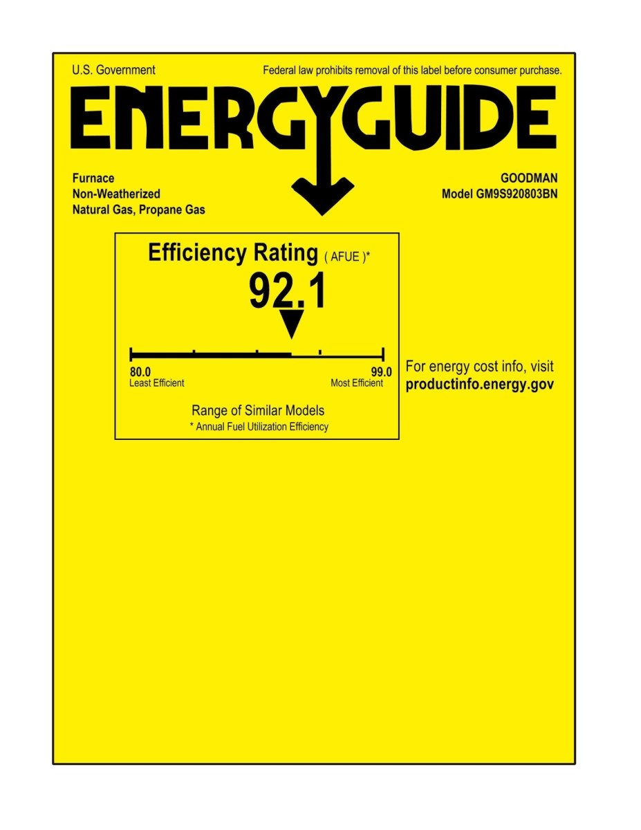 Goodman 92% AFUE 80k BTU Single Stage Upflow Furnace GR9S920803BN - Replacement for GM9S920803BN