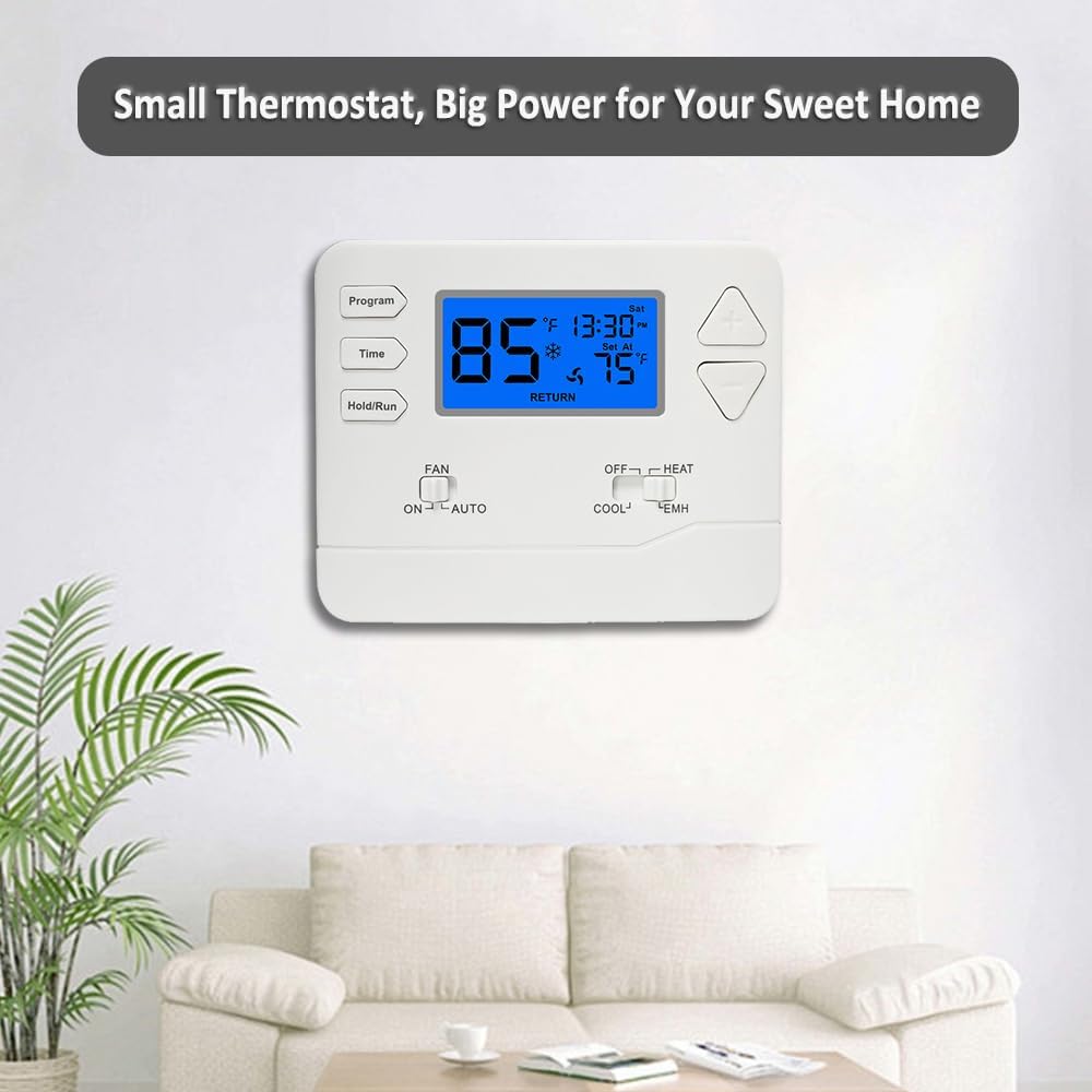 Programmable Thermostat for Heat Pump, 2 Heat/1 Cool or 1 Heat/1 Cool, 7 - Day & 5 - 1 - 1 Scheduling, Easy DIY Install, Blue Backlit Display