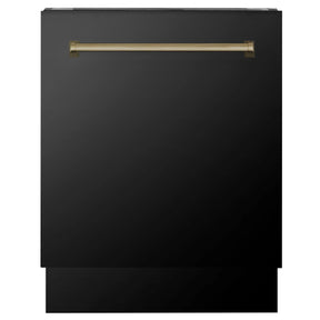 ZLINE Autograph Edition 24" 3rd Rack Top Control Tall Tub Dishwasher in Black Stainless Steel with Champagne Bronze Handle, 51dBa (DWVZ - BS - 24 - CB)