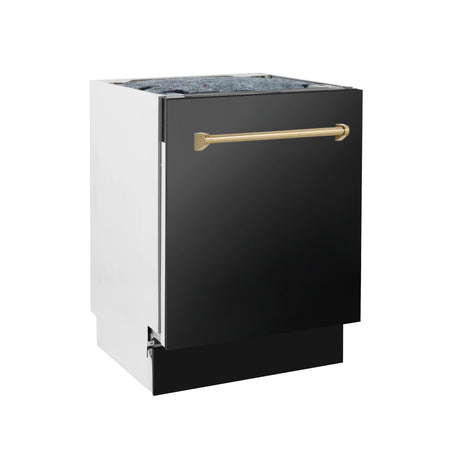 ZLINE Autograph Edition 24" 3rd Rack Top Control Tall Tub Dishwasher in Black Stainless Steel with Champagne Bronze Handle, 51dBa (DWVZ - BS - 24 - CB)