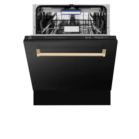 ZLINE Autograph Edition 24" 3rd Rack Top Control Tall Tub Dishwasher in Black Stainless Steel with Champagne Bronze Handle, 51dBa (DWVZ - BS - 24 - CB)