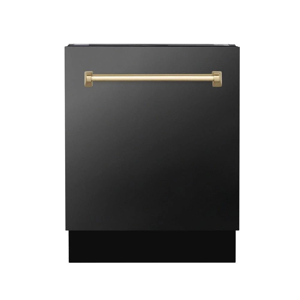 ZLINE Autograph Edition 24" 3rd Rack Top Control Tall Tub Dishwasher in Black Stainless Steel with Champagne Bronze Handle, 51dBa (DWVZ - BS - 24 - CB)