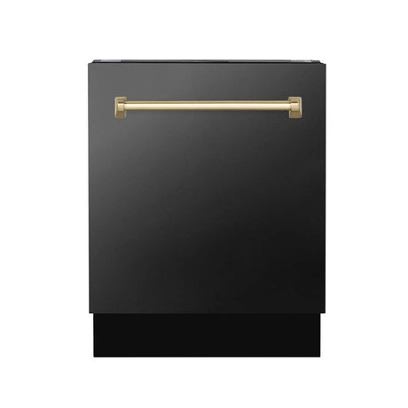 ZLINE Autograph Edition 24" 3rd Rack Top Control Tall Tub Dishwasher in Black Stainless Steel with Champagne Bronze Handle, 51dBa (DWVZ - BS - 24 - CB)