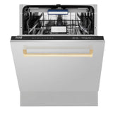 ZLINE Autograph Edition 24" Tallac Series 3rd Rack Top Control Built - In Tall Tub Dishwasher in Stainless Steel with Polished Gold Handle, 51dBa (DWVZ - 304 - 24 - G)