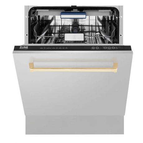 ZLINE Autograph Edition 24" Tallac Series 3rd Rack Top Control Built - In Tall Tub Dishwasher in Stainless Steel with Polished Gold Handle, 51dBa (DWVZ - 304 - 24 - G)