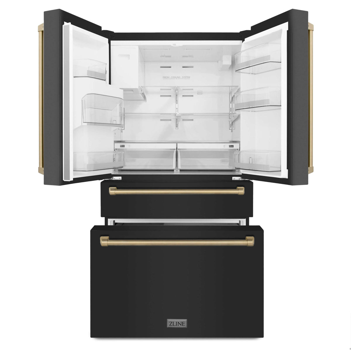ZLINE Autograph Edition 36 in. 21.6 cu. ft Counter - Depth French Door Refrigerator with Water and Ice Dispenser in Fingerprint - Resistant Black Stainless Steel with Champagne Bronze Traditional Handles (RFMZ - W - 36 - BS - CB)