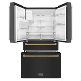 ZLINE Autograph Edition 36 in. 21.6 cu. ft Counter - Depth French Door Refrigerator with Water and Ice Dispenser in Fingerprint - Resistant Black Stainless Steel with Champagne Bronze Traditional Handles (RFMZ - W - 36 - BS - CB)