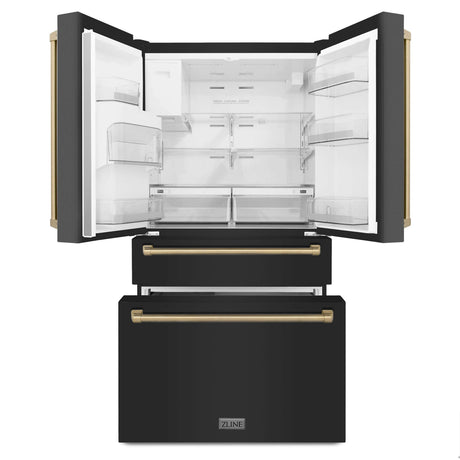 ZLINE Autograph Edition 36 in. 21.6 cu. ft Counter - Depth French Door Refrigerator with Water and Ice Dispenser in Fingerprint - Resistant Black Stainless Steel with Champagne Bronze Traditional Handles (RFMZ - W - 36 - BS - CB)