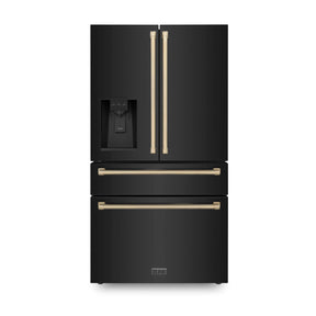 ZLINE Autograph Edition 36 in. 21.6 cu. ft Counter - Depth French Door Refrigerator with Water and Ice Dispenser in Fingerprint - Resistant Black Stainless Steel with Champagne Bronze Traditional Handles (RFMZ - W - 36 - BS - CB)