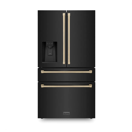 ZLINE Autograph Edition 36 in. 21.6 cu. ft Counter - Depth French Door Refrigerator with Water and Ice Dispenser in Fingerprint - Resistant Black Stainless Steel with Champagne Bronze Traditional Handles (RFMZ - W - 36 - BS - CB)