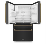 ZLINE Autograph Edition 36 in. 21.6 cu. ft Counter - Depth French Door Refrigerator with Water and Ice Dispenser in Fingerprint - Resistant Black Stainless Steel with Champagne Bronze Traditional Handles (RFMZ - W - 36 - BS - CB)