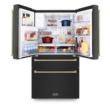 ZLINE Autograph Edition 36 in. 21.6 cu. ft Counter - Depth French Door Refrigerator with Water and Ice Dispenser in Fingerprint - Resistant Black Stainless Steel with Champagne Bronze Traditional Handles (RFMZ - W - 36 - BS - CB)