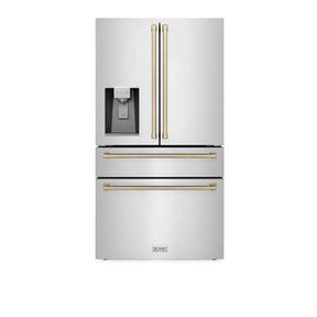 ZLINE Autograph Edition 36 in. 21.6 cu. ft. Counter - Depth French Door Refrigerator with Water and Ice Dispenser in Fingerprint - Resistant Stainless Steel with Champagne Bronze Traditional Handles (RFMZ - W - 36 - CB)