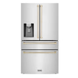 ZLINE Autograph Edition 36 in. 21.6 cu. ft. Counter - Depth French Door Refrigerator with Water and Ice Dispenser in Fingerprint - Resistant Stainless Steel with Polished Gold Traditional Handles (RFMZ - W - 36 - G)
