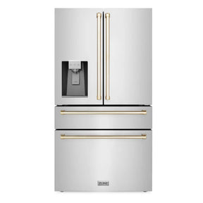 ZLINE Autograph Edition 36 in. 21.6 cu. ft. Counter - Depth French Door Refrigerator with Water and Ice Dispenser in Fingerprint - Resistant Stainless Steel with Polished Gold Traditional Handles (RFMZ - W - 36 - G)