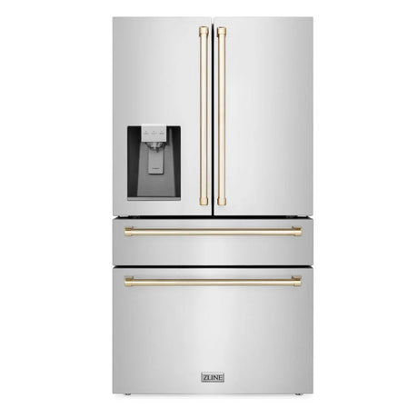 ZLINE Autograph Edition 36 in. 21.6 cu. ft. Counter - Depth French Door Refrigerator with Water and Ice Dispenser in Fingerprint - Resistant Stainless Steel with Polished Gold Traditional Handles (RFMZ - W - 36 - G)