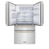 ZLINE Autograph Edition 36 in. 21.6 cu. ft. Counter - Depth French Door Refrigerator with Water and Ice Dispenser in Fingerprint - Resistant Stainless Steel with Polished Gold Traditional Handles (RFMZ - W - 36 - G)