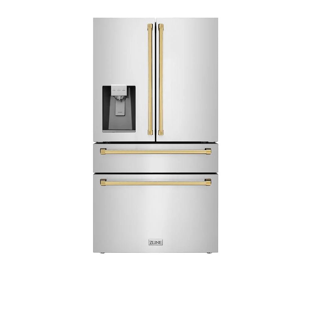 ZLINE Autograph Edition 36 in. 21.6 cu. ft. Counter - Depth French Door Refrigerator with Water and Ice Dispenser in Fingerprint - Resistant Stainless Steel with Polished Gold Traditional Handles (RFMZ - W - 36 - G)