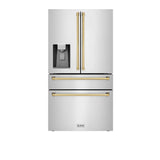 ZLINE Autograph Edition 36 in. 21.6 cu. ft. Counter - Depth French Door Refrigerator with Water and Ice Dispenser in Fingerprint - Resistant Stainless Steel with Polished Gold Traditional Handles (RFMZ - W - 36 - G)