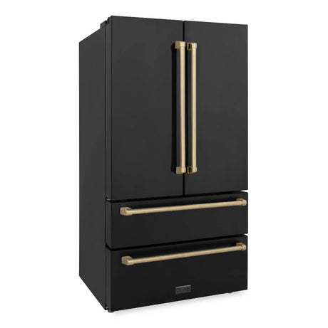 ZLINE Autograph Edition 36 in. 22.5 cu. ft. Counter - Depth French Door Refrigerator with Ice Maker in Fingerprint - Resistant Black Stainless Steel and Champagne Bronze Traditional Handles (RFMZ - 36 - BS - CB)