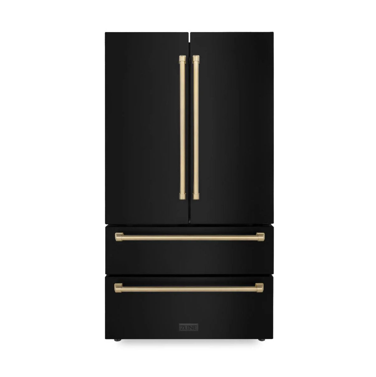 ZLINE Autograph Edition 36 in. 22.5 cu. ft. Counter - Depth French Door Refrigerator with Ice Maker in Fingerprint - Resistant Black Stainless Steel and Champagne Bronze Traditional Handles (RFMZ - 36 - BS - CB)