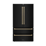 ZLINE Autograph Edition 36 in. 22.5 cu. ft. Counter - Depth French Door Refrigerator with Ice Maker in Fingerprint - Resistant Black Stainless Steel and Champagne Bronze Traditional Handles (RFMZ - 36 - BS - CB)