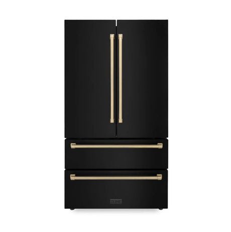 ZLINE Autograph Edition 36 in. 22.5 cu. ft. Counter - Depth French Door Refrigerator with Ice Maker in Fingerprint - Resistant Black Stainless Steel and Champagne Bronze Traditional Handles (RFMZ - 36 - BS - CB)