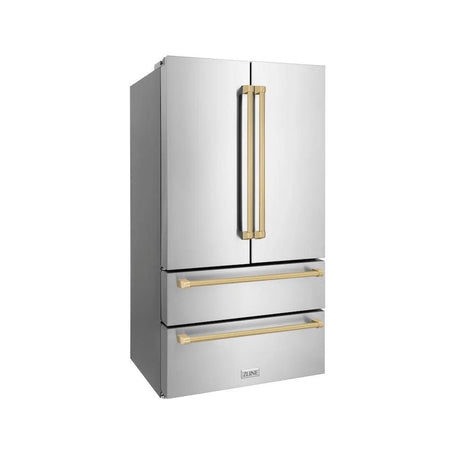 ZLINE Autograph Edition 36 in. 22.5 cu. ft. Counter - Depth French Door Refrigerator with Ice Maker in Fingerprint - Resistant Stainless Steel with Champagne Bronze Traditional Handles (RFMZ - 36 - CB)