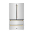 ZLINE Autograph Edition 36 in. 22.5 cu. ft. Counter - Depth French Door Refrigerator with Ice Maker in Fingerprint - Resistant Stainless Steel with Champagne Bronze Traditional Handles (RFMZ - 36 - CB)