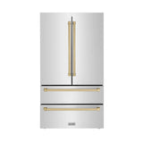 ZLINE Autograph Edition 36 in. 22.5 cu. ft. Counter - Depth French Door Refrigerator with Ice Maker in Fingerprint - Resistant Stainless Steel with Champagne Bronze Traditional Handles (RFMZ - 36 - CB)