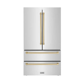 ZLINE Autograph Edition 36 in. 22.5 cu. ft. Counter - Depth French Door Refrigerator with Ice Maker in Fingerprint - Resistant Stainless Steel with Champagne Bronze Traditional Handles (RFMZ - 36 - CB)
