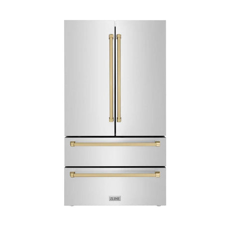 ZLINE Autograph Edition 36 in. 22.5 cu. ft. Counter - Depth French Door Refrigerator with Ice Maker in Fingerprint - Resistant Stainless Steel with Champagne Bronze Traditional Handles (RFMZ - 36 - CB)
