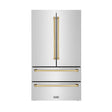 ZLINE Autograph Edition 36 in. 22.5 cu. ft. Counter - Depth French Door Refrigerator with Ice Maker in Fingerprint - Resistant Stainless Steel with Polished Gold Traditional Handles (RFMZ - 36 - G)