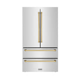 ZLINE Autograph Edition 36 in. 22.5 cu. ft. Counter - Depth French Door Refrigerator with Ice Maker in Fingerprint - Resistant Stainless Steel with Polished Gold Traditional Handles (RFMZ - 36 - G)