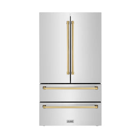 ZLINE Autograph Edition 36 in. 22.5 cu. ft. Counter - Depth French Door Refrigerator with Ice Maker in Fingerprint - Resistant Stainless Steel with Polished Gold Traditional Handles (RFMZ - 36 - G)