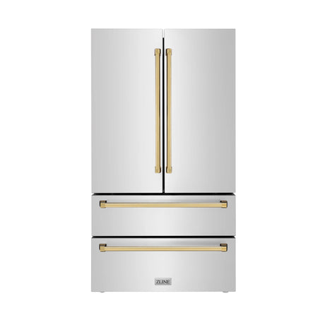 ZLINE Autograph Edition 36 in. 22.5 cu. ft. Counter - Depth French Door Refrigerator with Ice Maker in Fingerprint - Resistant Stainless Steel with Polished Gold Traditional Handles (RFMZ - 36 - G)