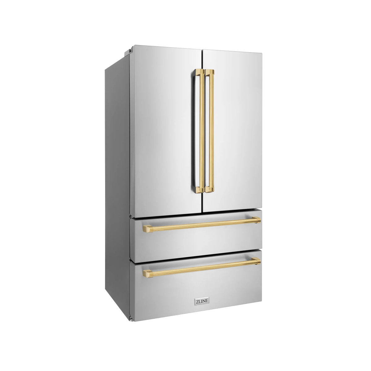 ZLINE Autograph Edition 36 in. 22.5 cu. ft. Counter - Depth French Door Refrigerator with Ice Maker in Fingerprint - Resistant Stainless Steel with Polished Gold Traditional Handles (RFMZ - 36 - G)
