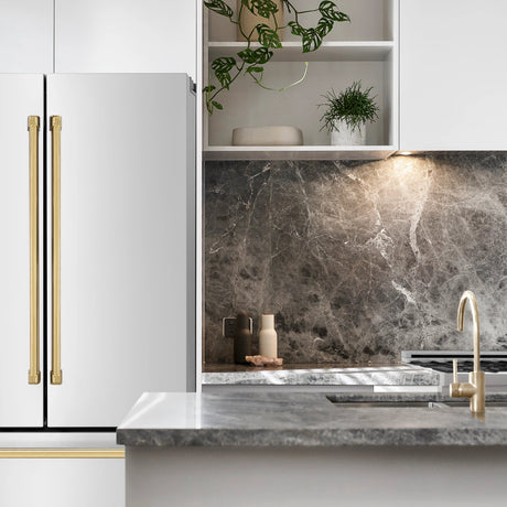 ZLINE Autograph Edition 36 in. 22.5 cu. ft. Counter - Depth French Door Refrigerator with Ice Maker in Fingerprint - Resistant Stainless Steel with Polished Gold Traditional Handles (RFMZ - 36 - G)