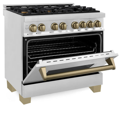 ZLINE Autograph Edition 36 in. 4.6 cu. ft. Legacy Dual Fuel Range with 6 Burner Gas Cooktop and Electric Convection Oven in Stainless Steel and Champagne Bronze Accents (RAZ - 36 - CB)