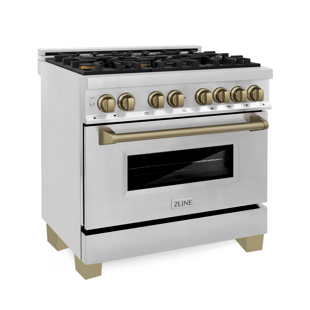 ZLINE Autograph Edition 36 in. 4.6 cu. ft. Legacy Dual Fuel Range with 6 Burner Gas Cooktop and Electric Convection Oven in Stainless Steel and Champagne Bronze Accents (RAZ - 36 - CB)