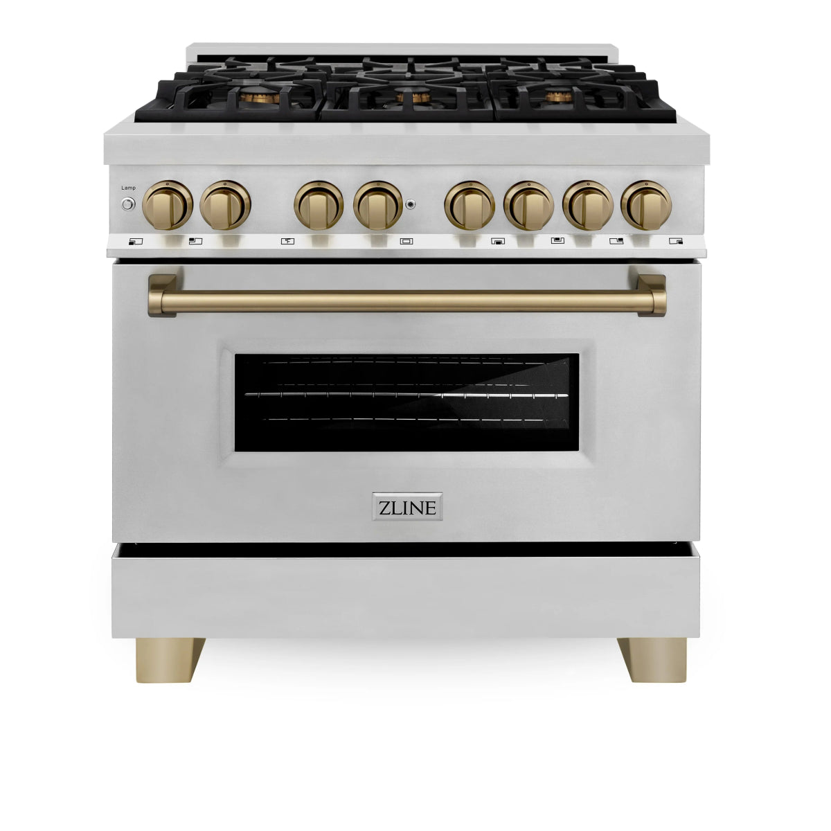 ZLINE Autograph Edition 36 in. 4.6 cu. ft. Legacy Dual Fuel Range with 6 Burner Gas Cooktop and Electric Convection Oven in Stainless Steel and Champagne Bronze Accents (RAZ - 36 - CB)