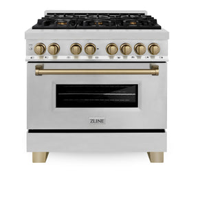 ZLINE Autograph Edition 36 in. 4.6 cu. ft. Legacy Dual Fuel Range with 6 Burner Gas Cooktop and Electric Convection Oven in Stainless Steel and Champagne Bronze Accents (RAZ - 36 - CB)