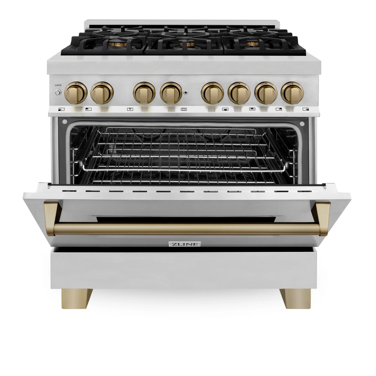 ZLINE Autograph Edition 36 in. 4.6 cu. ft. Legacy Dual Fuel Range with 6 Burner Gas Cooktop and Electric Convection Oven in Stainless Steel and Champagne Bronze Accents (RAZ - 36 - CB)