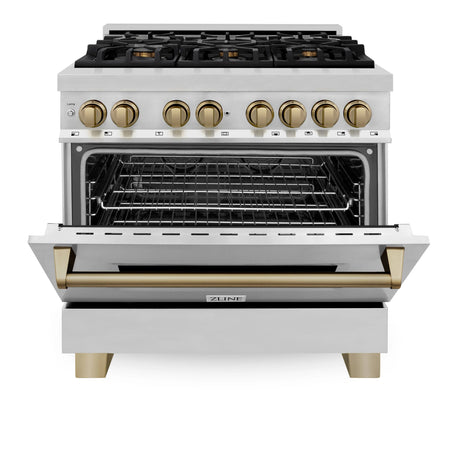 ZLINE Autograph Edition 36 in. 4.6 cu. ft. Legacy Dual Fuel Range with 6 Burner Gas Cooktop and Electric Convection Oven in Stainless Steel and Champagne Bronze Accents (RAZ - 36 - CB)