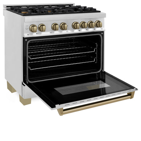 ZLINE Autograph Edition 36 in. 4.6 cu. ft. Legacy Dual Fuel Range with 6 Burner Gas Cooktop and Electric Convection Oven in Stainless Steel and Champagne Bronze Accents (RAZ - 36 - CB)