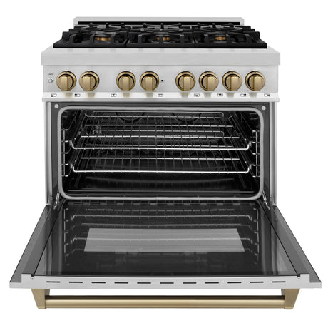 ZLINE Autograph Edition 36 in. 4.6 cu. ft. Legacy Dual Fuel Range with 6 Burner Gas Cooktop and Electric Convection Oven in Stainless Steel and Champagne Bronze Accents (RAZ - 36 - CB)