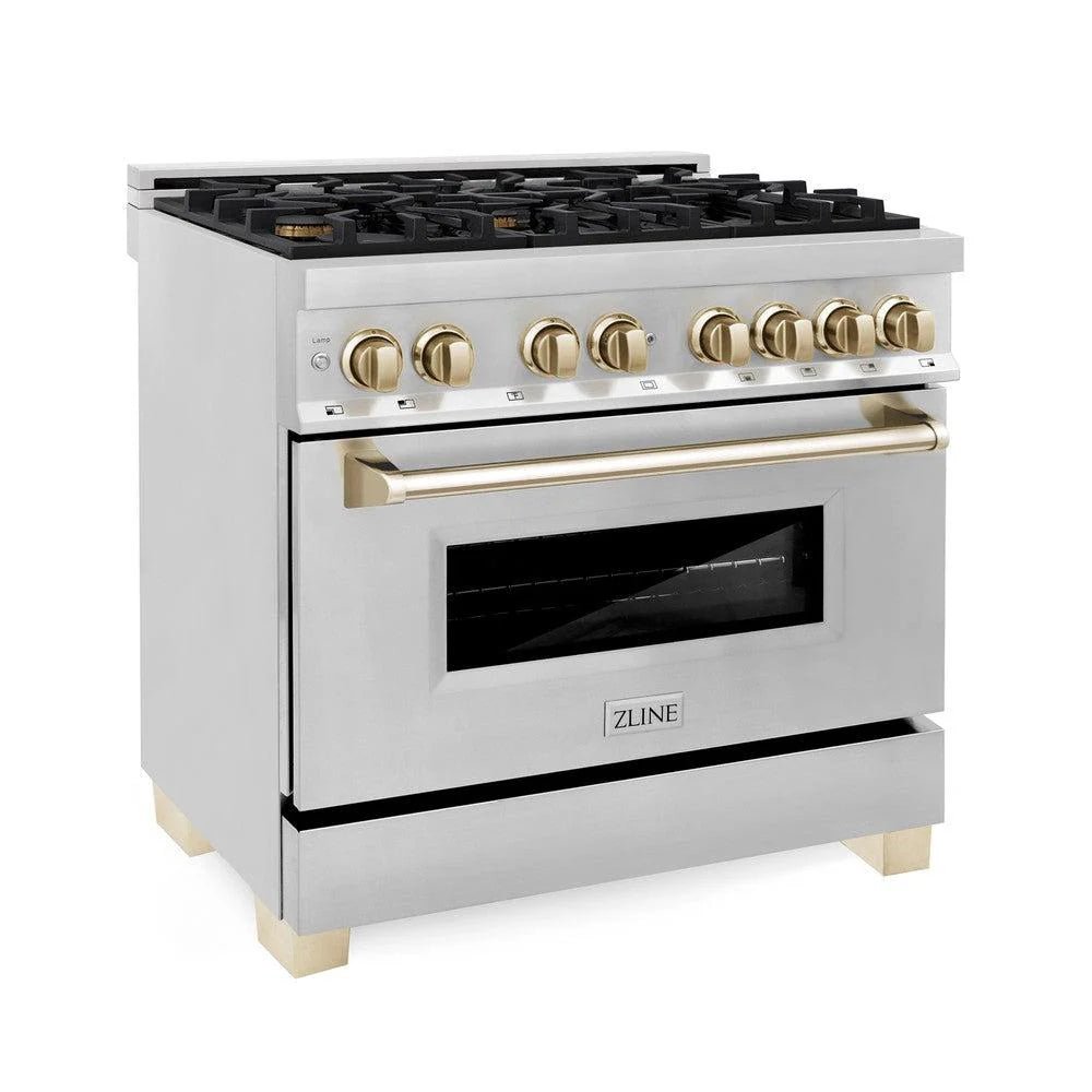 ZLINE Autograph Edition 36 in. 4.6 cu. ft. Legacy Dual Fuel Range with 6 Burner Gas Cooktop and Electric Convection Oven in Stainless Steel and Polished Gold Accents (RAZ - 36 - G)