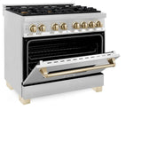 ZLINE Autograph Edition 36 in. 4.6 cu. ft. Legacy Dual Fuel Range with 6 Burner Gas Cooktop and Electric Convection Oven in Stainless Steel and Polished Gold Accents (RAZ - 36 - G)