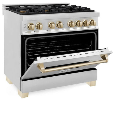 ZLINE Autograph Edition 36 in. 4.6 cu. ft. Legacy Dual Fuel Range with 6 Burner Gas Cooktop and Electric Convection Oven in Stainless Steel and Polished Gold Accents (RAZ - 36 - G)