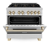 ZLINE Autograph Edition 36 in. 4.6 cu. ft. Legacy Dual Fuel Range with 6 Burner Gas Cooktop and Electric Convection Oven in Stainless Steel and Polished Gold Accents (RAZ - 36 - G)